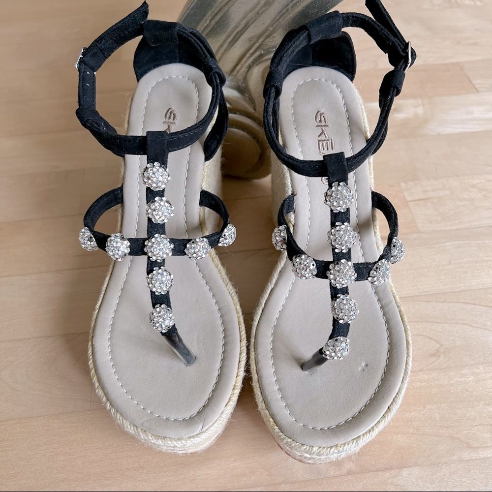 NEW Skemo Black Suede Jute Wedge Sandals With Crystal Embellishments - Picture 3 of 12